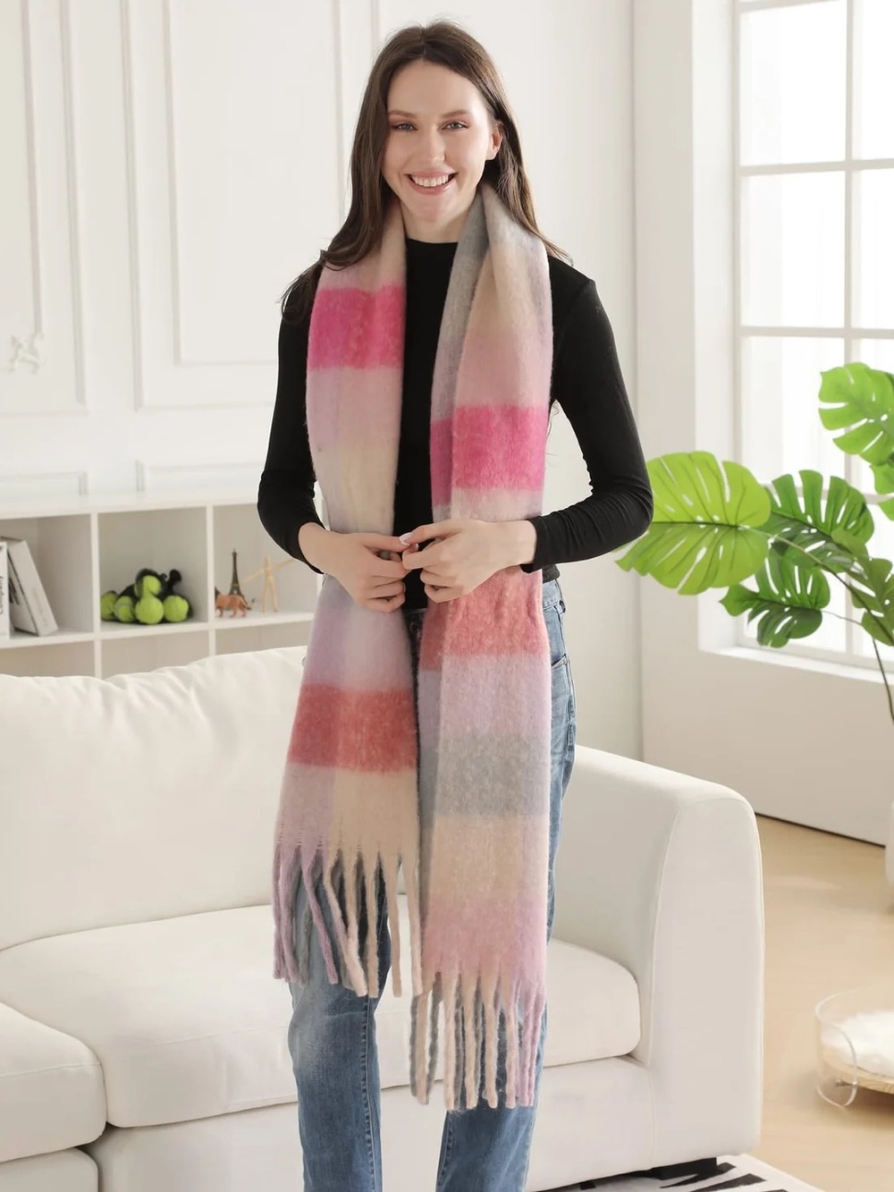 Cozy Pastel Plaid Fringe Scarf - Pink Multi